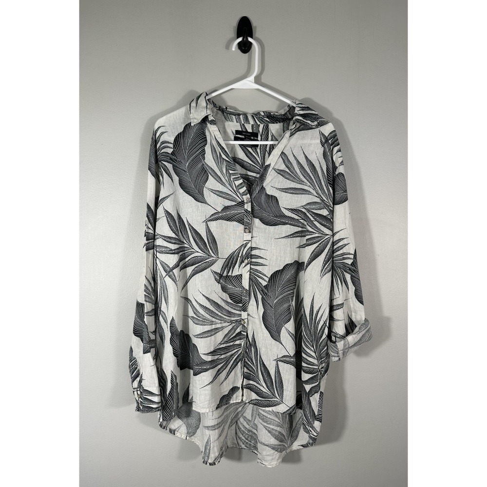 Tahari Linen Top Womens Large Tropical Leaf Print Resort Vacation Coastal Read